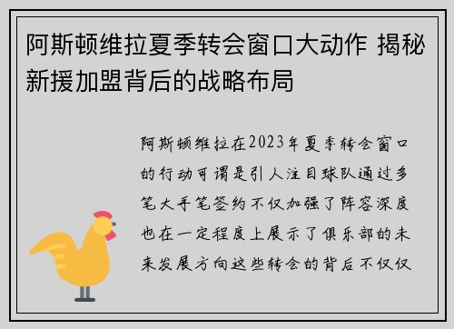 阿斯顿维拉夏季转会窗口大动作 揭秘新援加盟背后的战略布局